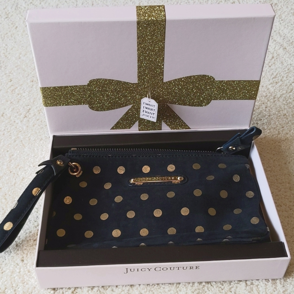 Vintage Boxed Juicy Couture Wristlet, Navy Blue with Gold Polka Dots
